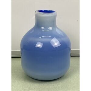 Vintage Hand Blown Encased Glass Light Dark & Light Blue Vase Glasswork Art
